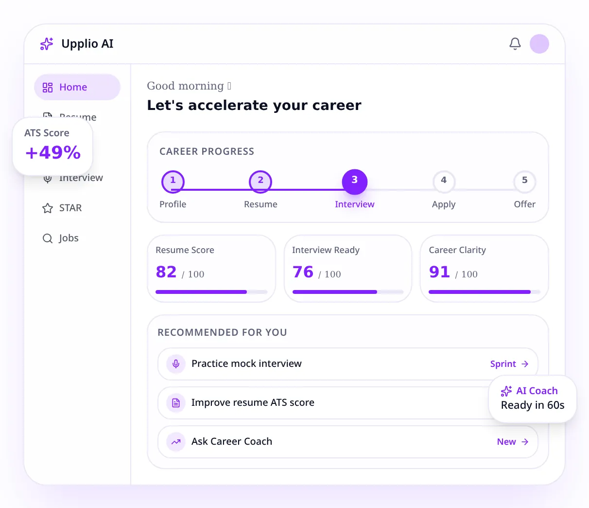 Upplio AI mock interview feedback with scores for structure, clarity and confidence